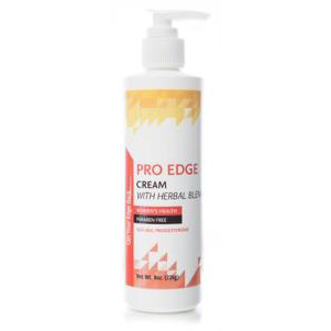 Pro Edge cream in a pump bottle, featuring a colorful label. It's designed for skin care, highlighting herbal ingredients and vitamin-free formula.